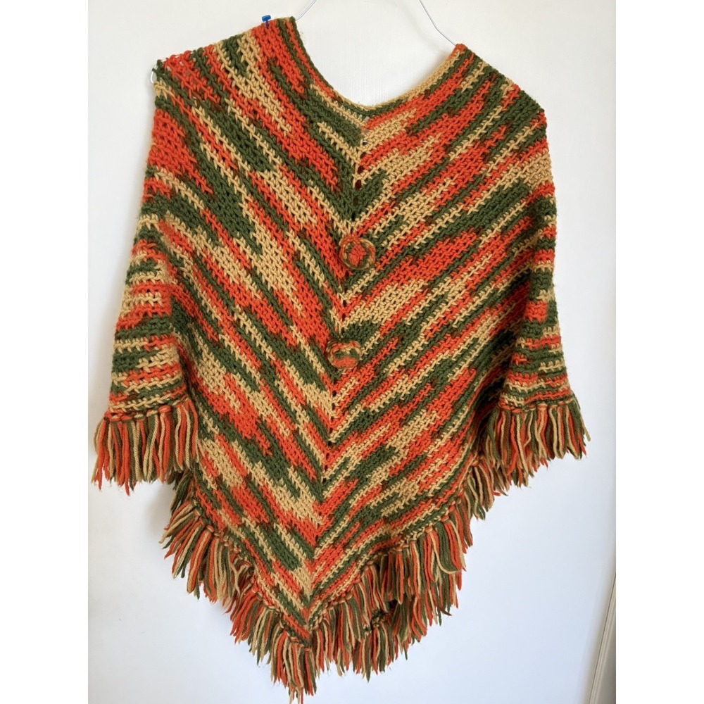 Vintage Crochet Granny Poncho Multicolor Fringe Boho Handmade Cape Wrap rainbow